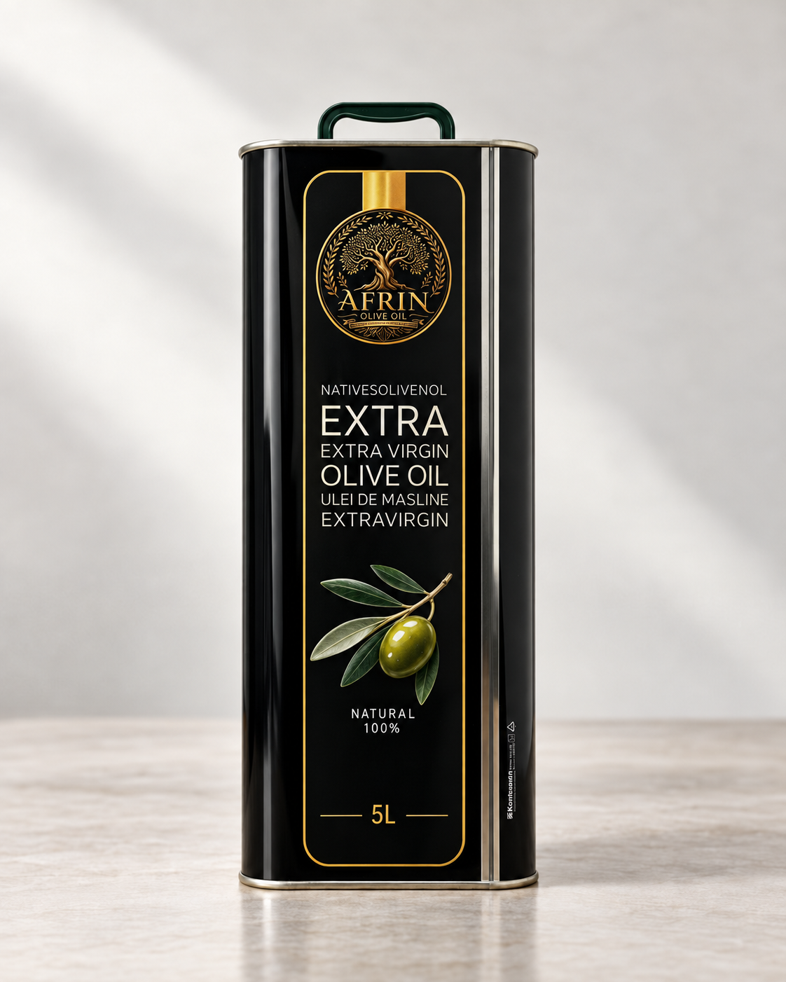 Goldenes Afrin Olivenbaum-Emblem auf dem 5-Liter-Kanister